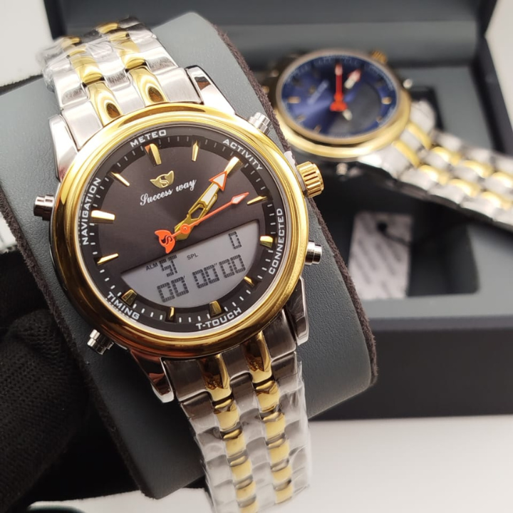 Success Way Men’s Digital-Analog Watch – Stainless Steel, Dual Time & Alarm