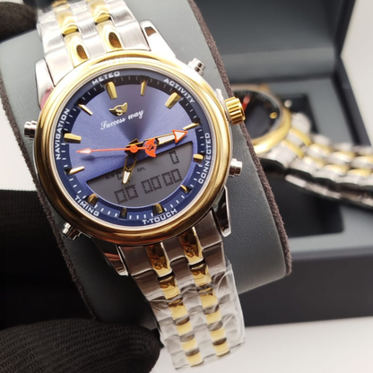 Success Way Men’s Digital-Analog Watch – Stainless Steel, Dual Time & Alarm