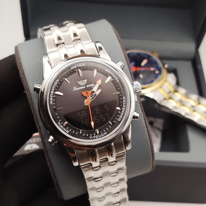 Success Way Men’s Digital-Analog Watch – Stainless Steel, Dual Time & Alarm