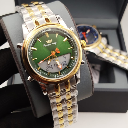 Success Way Men’s Digital-Analog Watch – Stainless Steel, Dual Time & Alarm