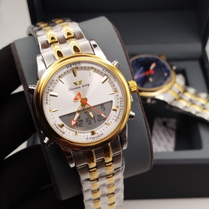 Success Way Men’s Digital-Analog Watch – Stainless Steel, Dual Time & Alarm