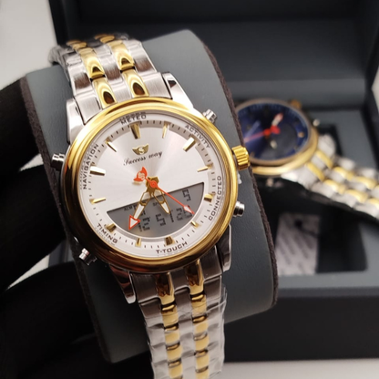 Success Way Men’s Digital-Analog Watch – Stainless Steel, Dual Time & Alarm