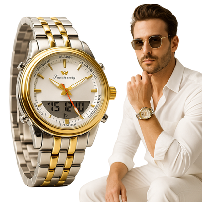 Success Way Men’s Digital-Analog Watch – Stainless Steel, Dual Time & Alarm